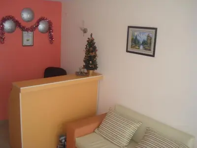 a room with a couch and a christmas tree on the wall at Guesthouse Pumpalovi in Dobrinishte