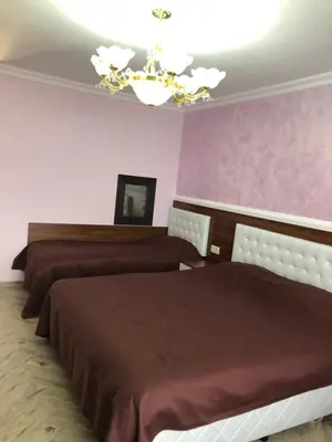a bedroom with two beds and a chandelier at Villa SUNRISE in Dospat