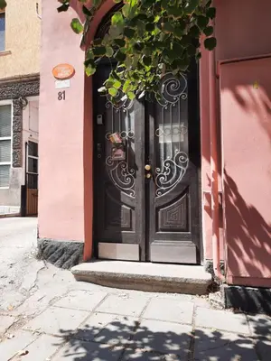 a black door on a pink building with a plant at Studio Cathlyn in Sofia
