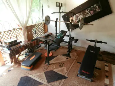 an overhead view of a room with a gym at The Gates Apartments in Koprivshtitsa