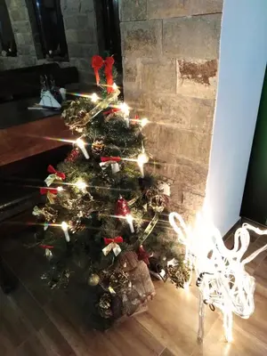 a christmas tree in front of a fireplace at Complex Magic of the Rhodopes in Bachkovo