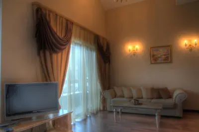 a living room with a couch and a television at Hotel Iva & Elena in Pamporovo