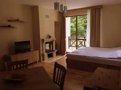 a bedroom with a bed and a television and a window at Northstar Ski Apartment in Mountain Lake Hotel in Pamporovo