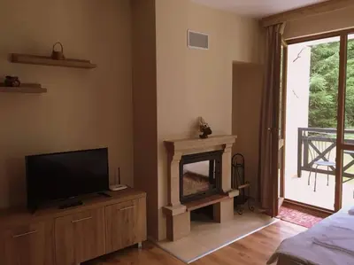 a living room with a tv and a fireplace at Northstar Ski Apartment in Mountain Lake Hotel in Pamporovo