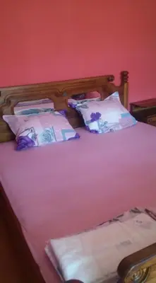 a bedroom with a large bed with purple sheets and pillows at Къща за гости Пеневи in Sofia