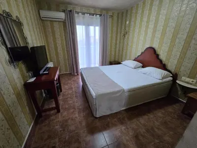 a bedroom with a bed and a desk and a television at Boutique Hotel Colosseo in Sandanski