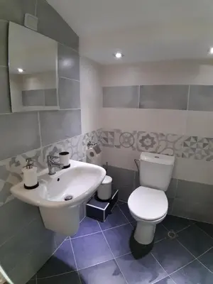 a bathroom with a white toilet and a sink at Къща за гости Романс in Yagodina