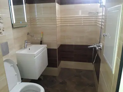 a bathroom with a toilet and a sink and a shower at Guest House Mania in Sofia