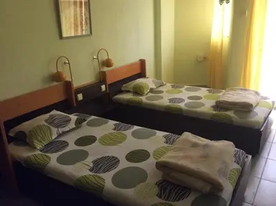 two twin beds in a room with a mirror at Hotel Balevurov in Sandanski