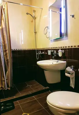 a bathroom with a toilet and a sink and a mirror at Къща за гости 