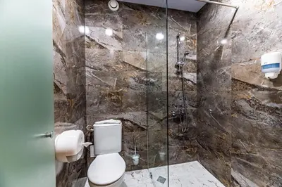 a bathroom with a toilet and a glass shower at Art Hotel Simona in Sofia