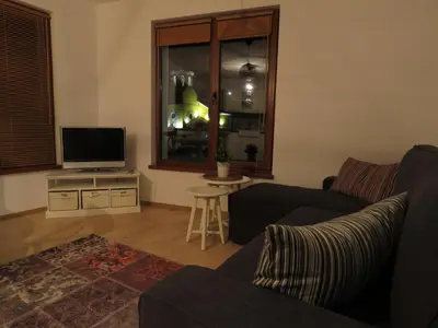a living room with a couch and a television at Willy Villy's Home- Chepelare in Chepelare