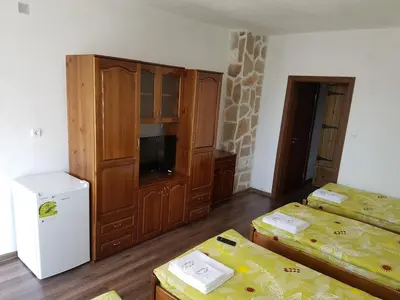 a room with two beds and a tv and a cabinet at Къщи за гости БАШЕВИ in Sarnitsa