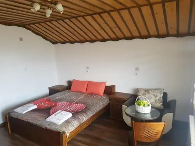 a bedroom with a bed with red pillows and a table at Къщи за гости БАШЕВИ in Sarnitsa