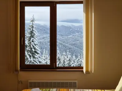 a window with a view of snow covered trees at Panorama Stoykite Yana apartment in Pamporovo