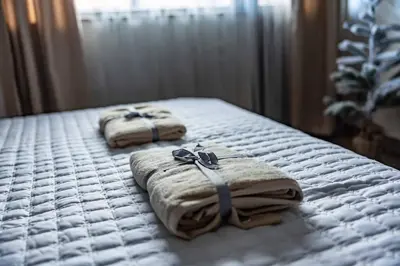 two towels sitting on top of a bed at Bansko home with a Mountain view in Bansko