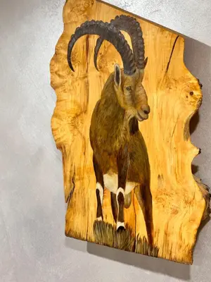 a painting of a ram on a wooden wall at Boro Green Holiday Village in Borovets