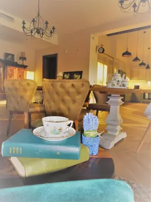 a living room with a book and a tea cup on a table at Luxury Chalet & Spa Tia Maria with Private SPA in Bansko