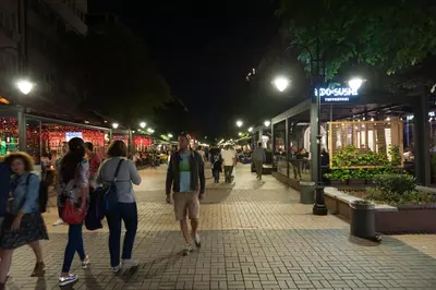 a group of people walking down a street at night at Vitosha Blvd - 2BR LUX APART in Sofia