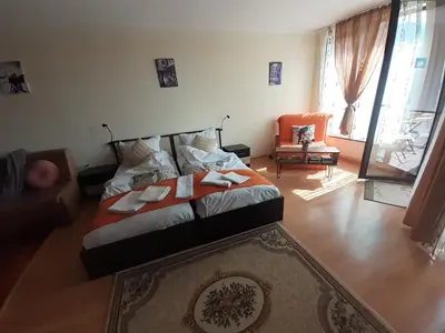 a bedroom with a bed and a living room at Elza Apartment in Pamporovo