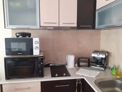 a kitchen with a microwave oven and a sink at Elza Apartment in Pamporovo