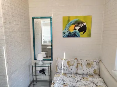 a parrot painting on the wall next to a mirror at Стаи за гости Ве-Бо-Ли** in Bankya