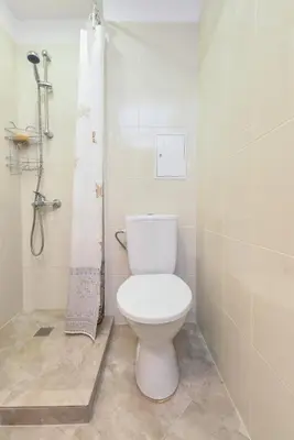 a bathroom with a toilet and a shower curtain at Atacama - spacious apartment in Lozenets area by Flat Mаnager by Flat Mаnager in Sofia