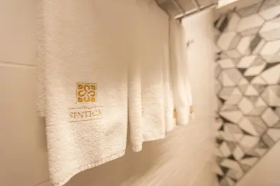 a towel hanging in a bathroom with white towels at Villa Sintica in Sandanski