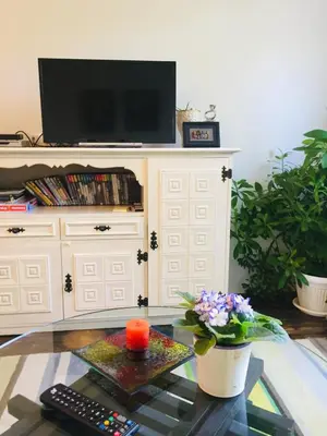 a living room with a tv on top of a cabinet at Sweet home in the heart of Sofia in Sofia