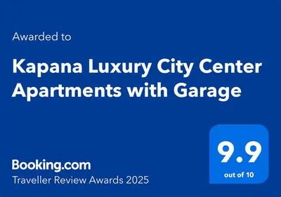 a blue sign that reads kaapa luxury city center apartments with garage at Kapana Luxury City Center Apartments with Garage in Plovdiv