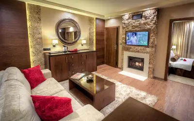a living room with a couch and a fireplace at Family Hotel Strannopriemnitza in Oreshak