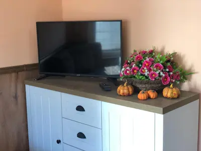 a tv on top of a white cabinet with a flower arrangement at Sofia centre in Sofia