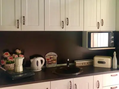 a kitchen counter with a sink and a microwave at Sofia centre in Sofia