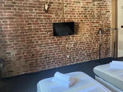 two beds in front of a brick wall with a tv at Vel House in Plovdiv