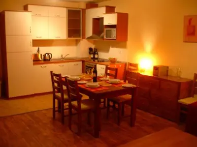 a kitchen with a table and chairs in a kitchen at MD Alexander Services Apartments in Bansko