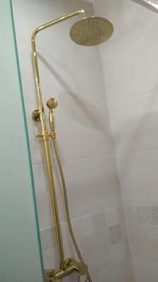 a shower with a brass shower head in a bathroom at Ikonomov House in Bansko