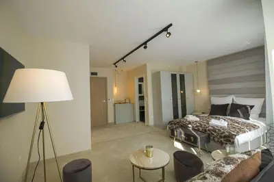 a bedroom with a bed and a living room at Boutique Apartments Blagoevgrad in Blagoevgrad