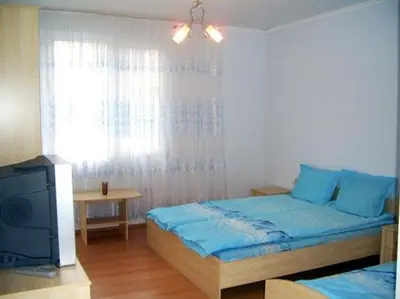 a bedroom with a bed and a tv and a window at Family Hotel Velevi in Velingrad