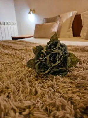 a flower on a bed in a hotel room at Guest House Karov - 2 Stars in Chepelare