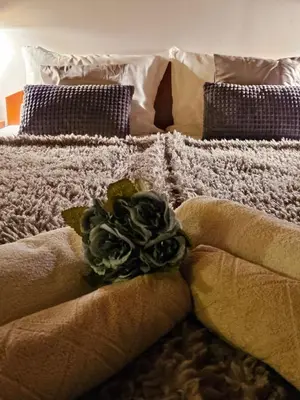 a bed with a bouquet of flowers on it at Guest House Karov - 2 Stars in Chepelare
