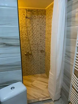 a bathroom with a shower and a toilet in a room at Iglika Bansko in Bansko
