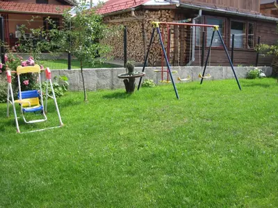 a yard with two swings in the grass at Family Hotel Miglena in Govedartsi