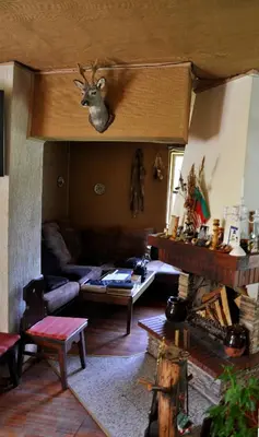a living room with a deer head on the ceiling at Strandzhata's House in Pasarel