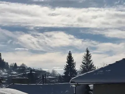 a snow covered roof of a house with trees at Guest House Roden Dom in Koprivshtitsa