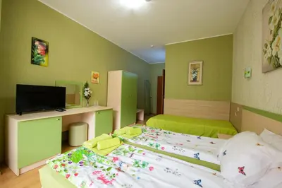 a bedroom with two beds and a television in it at Family Hotel Enica in Teteven