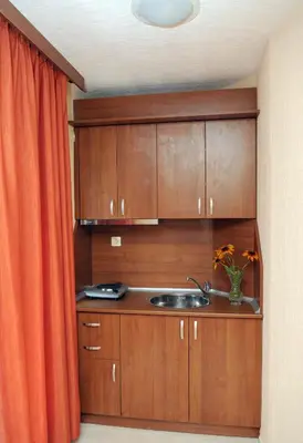 a kitchen with wooden cabinets and a sink and a curtain at Къща за гости 