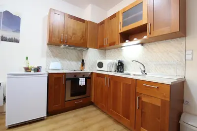 a kitchen with wooden cabinets and a white refrigerator at Pine Tree Apartment 2 - B7 in Bansko