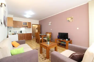 a living room with a couch and a table at Pine Tree Apartment 2 - B7 in Bansko