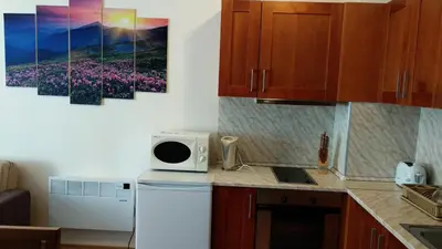 a kitchen with a microwave and a refrigerator at Pine Tree Apartment 3 - B3 in Bansko