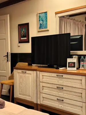 a television on top of a dresser in a bedroom at Boutique Guest House Yes For You in Plovdiv